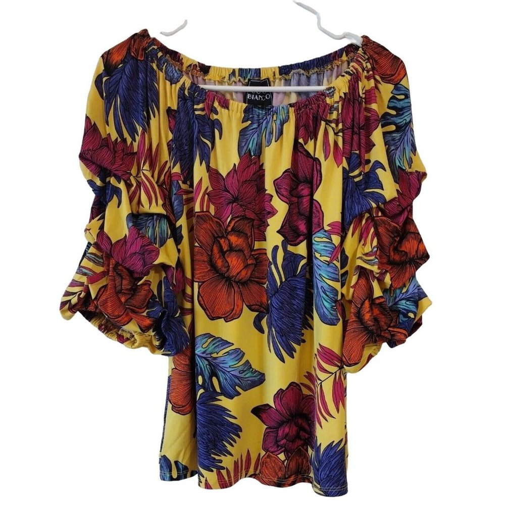 Coco Bianco Womens Small Cinched Sleeve Floral Blouse